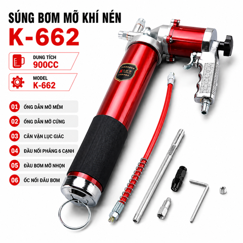 Súng Bơm Mỡ Khí Nén K-662 900CC - Súng Bơm Mỡ Bò Hơi Cầm Tay - Bộ Bơm Mỡ Kèm Phụ Kiện