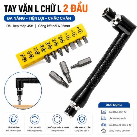 Tay Vặn Chữ L 2 Đầu Kèm 10 Đầu Vít 6.35mm - Tua Vít Góc Vuông Đảo Chiều - Dụng Cụ Sửa Chữa Đa Năng