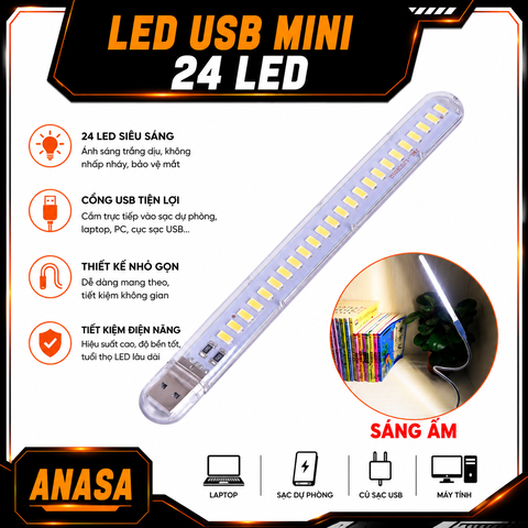 Thanh Đèn LED Mini Sáng Ấm Gồm 24 Bóng Cổng Cắm USB Thích Hợp Để Bàn Học
