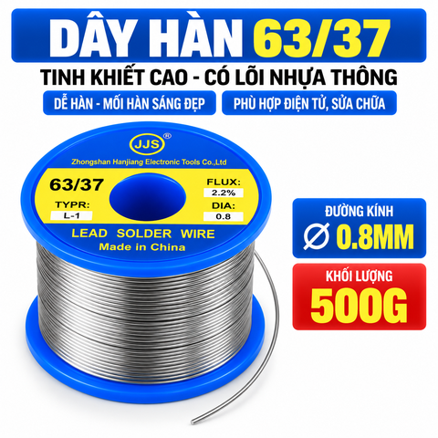 Dây Thiếc Hàn 63/37 Có Lõi Nhựa Thông JJS – 0.8mm 500g, Dây Hàn Tinh Khiết Cao, Dễ Hàn, Mối Hàn Sáng Đẹp