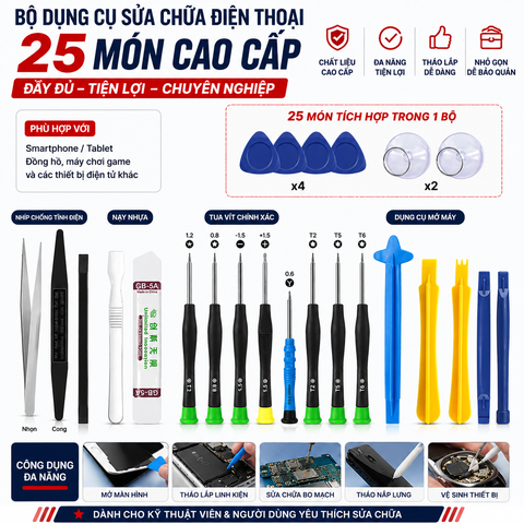 Bộ Dụng Cụ Sửa Chữa Điện Thoại 25 Món - Bộ Tua Vít, Nhíp, Dụng Cụ Mở Máy, Tháo Lắp Linh Kiện Điện Tử