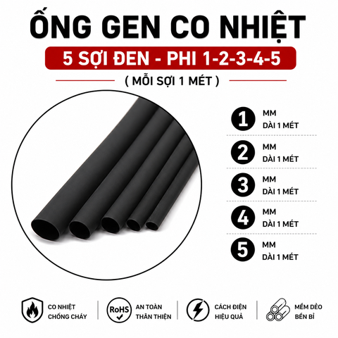 Bó 5 Sợi Gen Co Nhiệt-Màu Đen-Phi 1-2-3-4-5 Mỗi Sợi Dài 1 Mét