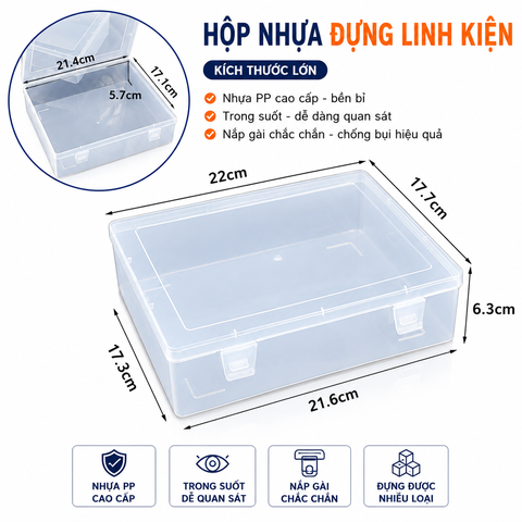 Hộp Nhựa Trong Suốt Có Nắp 22x17.7x6.3CM - Hộp Đựng Linh Kiện, Ốc Vít, Dụng Cụ DIY