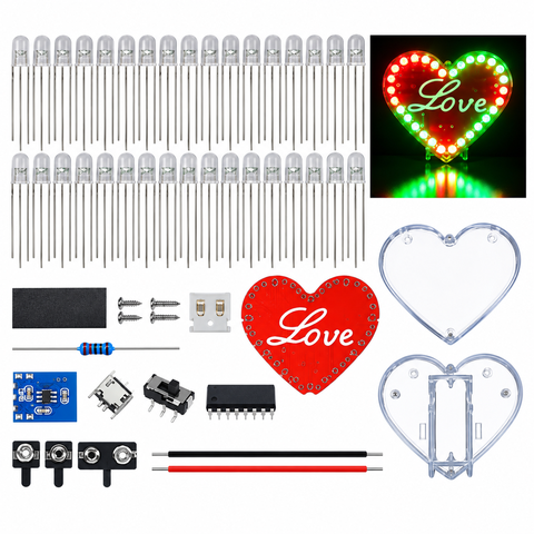 Bộ Kit LED 2 Màu 30 LED 5mm – Mạch Hiệu Ứng Trái Tim LOVE, Bộ Linh Kiện DIY Điện Tử