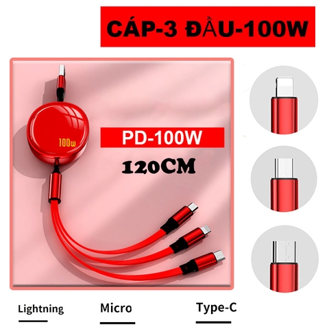 Cáp Sạc Điện Thoại 100W Cuộn Rút Đỏ Sáng Bóng SĐ 3 Đầu TypeC Liling Micro Dài 120CM