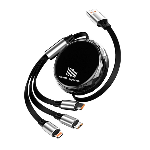 Cáp Sạc Điện Thoại 3 Đầu Cuộn Rút MH8 Sạc Nhanh 100W  Dữ Liệu 120CM 80G