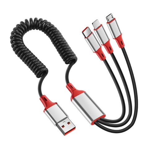 Cáp Sạc Điện Thoại 3 Đầu J31 Lò Xo Đen Đỏ Sạc Nhanh 6A Dài 2m