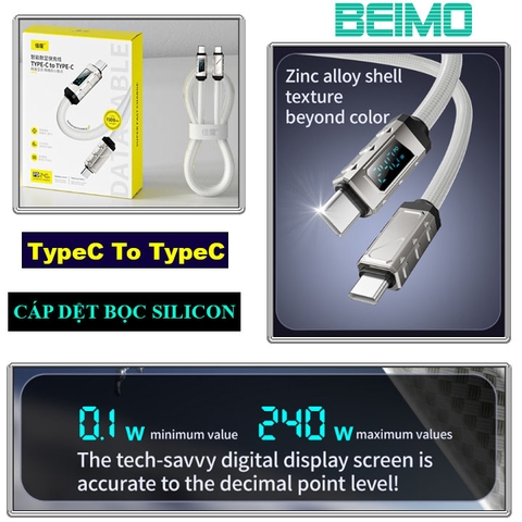 Cáp Sạc Điện Thoại Chữ Basemo BFG C To C Hiển Thị Số Truyền Dữ Liệu Sạc Nhanh 240W Dài 150CM