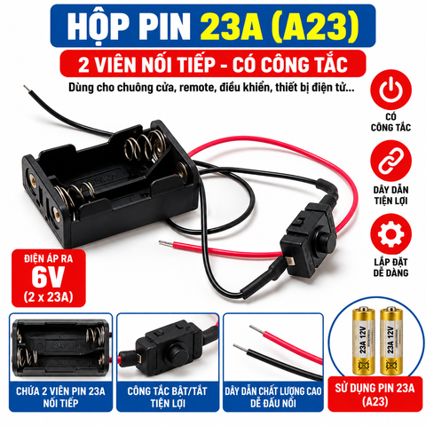 Hộp Pin 23A A23 2 Ngăn Nối Tiếp 6V Có Công Tắc – Vỏ Pin Kèm Dây Dẫn, Đế Pin 23A