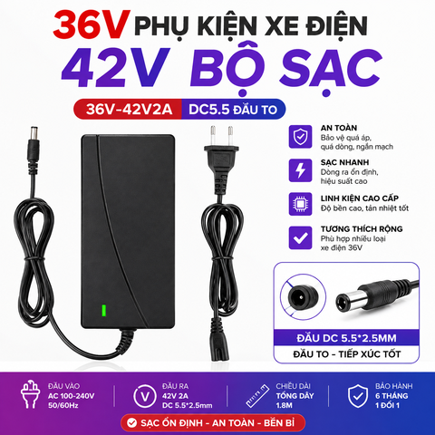 Sạc Xe Điện 36V - Bộ Sạc 42V 2A DC 5.5x2.5mm, Sạc Pin Lithium Xe Điện 36V Có Đèn Báo, Bảo Vệ Quá Áp Quá Dòng