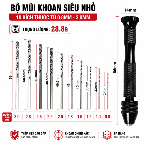 Bộ Mũi Khoan Tay HSS 10 Mũi 0.8-3.0MM Kèm Tay Khoan Mini Cầm Tay Khoan PCB Gỗ Nhựa Kim Loại Mềm