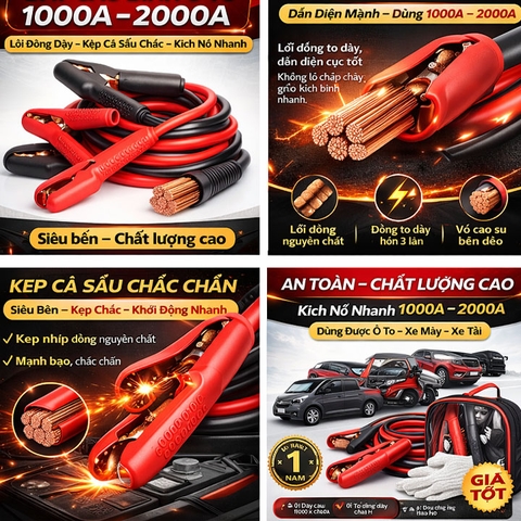 Dây Câu Bình Ô Tô 1000A–2000A – Lõi Đồng Dày, Kẹp Cá Sấu Chắc, Kích Nổ Nhanh