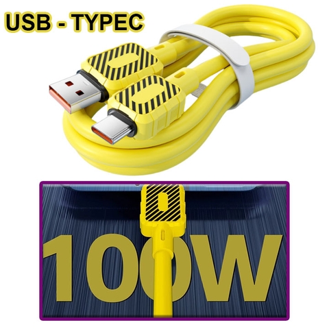 Cáp Sạc Điện Thoại VC Sạc Nhanh 100W 6A Màu Vàng Đen Silicon Chống Đứt Dài 100Cm