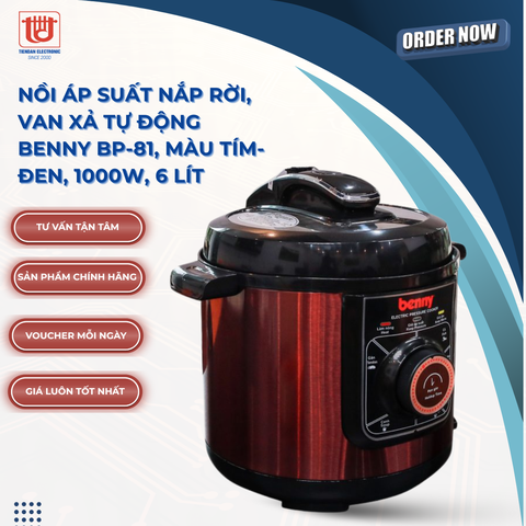 Benny Nồi Áp Suất Nắp Rời, Van Xả Tự Động BP-81, Màu Tím-Đen - 1000W, 6 Lít