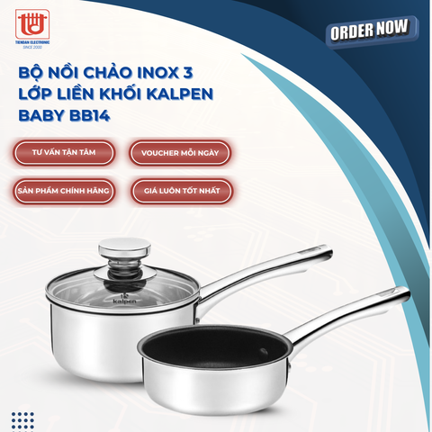 Kalpen Bộ nồi chảo 2 món inox 3 lớp liền khối Baby BB14 - Size 14cm