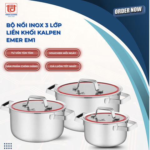 Kalpen Bộ nồi inox 3 lớp liền khối Emer EM1 - Size 16-20-24cm