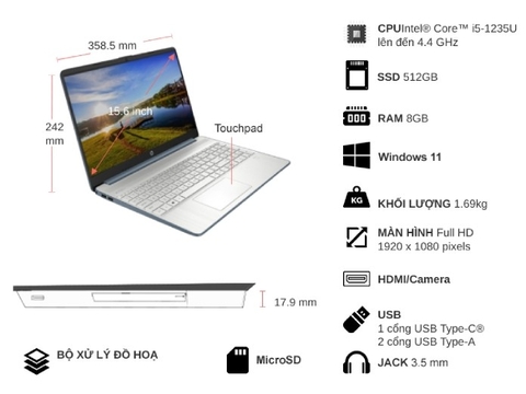 Laptop HP 15s-fq5161TU (7C0S2PA) (i5-1235U/RAM 8GB/512GB SSD/ Windows 11)