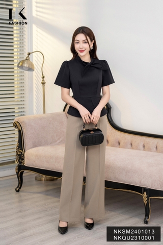 Quần Ống Rộng Cá Sườn Cúc Bọc Viền, Thanh Lịch NKQU2310001
