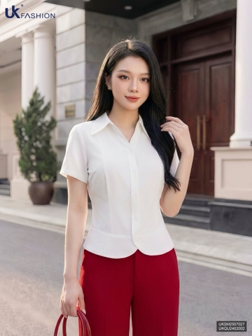 Sơ mi cổ V lá bo gấu trơn UKSM2507027
