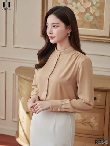 Sơ mi cổ tàu nhún vai trẻ trung, nhẹ nhàng tiểu thư UNSM2510005
