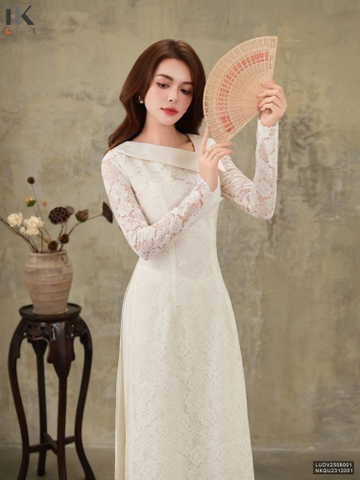 Áo dài ren phối cổ V lệch sang chảnh, thướt tha LUDV2508001