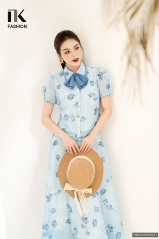Set hoa cổ đức nơ và chân váy xòe xinh xắn, mát mẻ NKBD2503001 ( Áo + Chân váy )