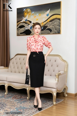 Áo Sơ Mi Hoa Tay Lỡ Buộc Nơ NKSM2302003
