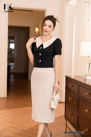 Áo Sơ Mi Cộc Tay Cổ V Là Cổ Phối Cúc Bọc NKSM2305034