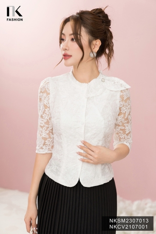 Áo Sơ Mi Ren Dáng Ôm Nơ Cổ Trẻ Trung, Cuốn Hút NKSM2307013