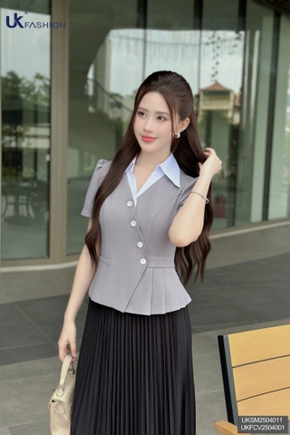 Sơ mi phối cổ vạt chéo xếp UKSM2504011