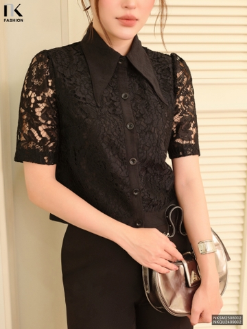 Sơ mi ren croptop phối gấu nẹp cổ xinh xắn, điệu NKSM2508002