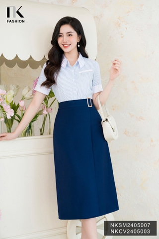 Áo Sơ Mi Kẻ Cổ Xếp NK Công Sở Nữ Thanh Lịch Vải Mềm Mịn NKSM2405007