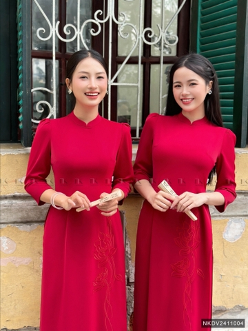 Áo dài thêu hoa sen tay bồng cao cấp, thướt tha, mang nét truyền thống phụ nữ Việt NKDV2411004 ( ko kèm quần + PK)