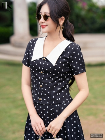 Sơ mi chấm bi lá cổ V phối nhẹ nhàng, phong cách NKSM2604011