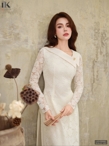 Áo dài ren phối cổ V lệch sang chảnh, thướt tha LUDV2508001