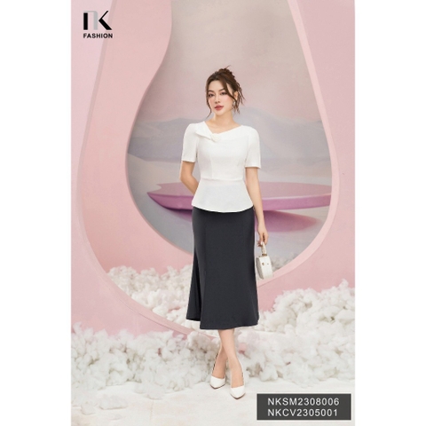 NK FASHION Áo Sơ Mi Kiểu Cộc Tay Cổ V Lệch Hoa Nơ Cực Hack Dáng NKSM2308006