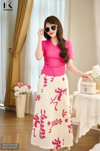 Chân váy hoạ tiết Linen xoè kiểu dáng mới, tươi mát chào hè NKCV2504007