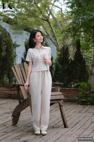 Bộ đồ sơ mi Linen chấm bi + quần ống rộng cạp chun dễ mặc, trẻ trung ( Bao gồm cả áo + quần ) NKBD2504005