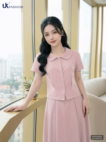 Set linen áo cổ sen hoa mai + chân váy xòe UKBD2606006 ( Cả áo + chân váy )