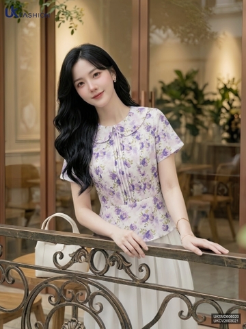 Sơ mi cổ sen họa tiết mí dọc UKSM2606020 ( Áo rời , không kèm CV/QU/PK )