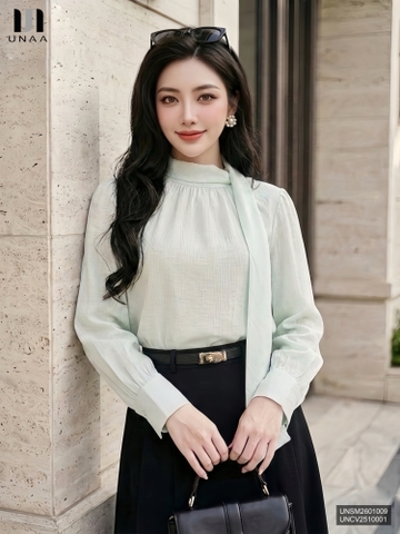 Sơ mi dài tay nhún cổ vạt nơ xinh xắn, tiểu thư UNSM2601009