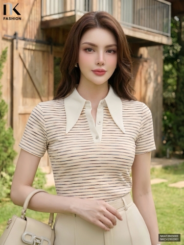 Áo thun kẻ cổ trụ phối lá cổ NKAT2603003
