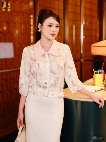 Sơ mi hoa phối cổ hoa gấu kiểu cách mới NKSM2506025