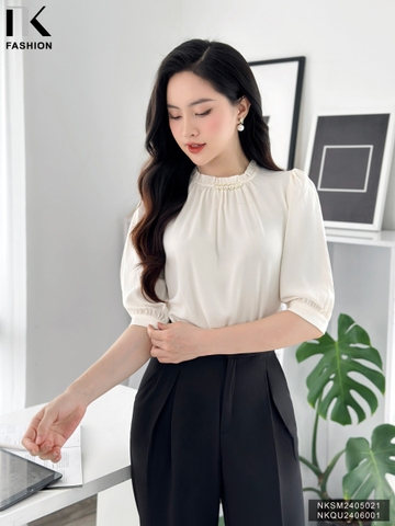 Áo Sơ Mi Cổ Bèo Đính Ngọc NK Fashion Công Sở Nữ Thanh Lịch Vải Mềm Mịn NKSM2405021
