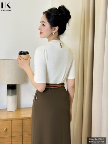 Áo len cổ tròn vai bồng tay lỡ gọn gàng, mềm mịn, NKAL2408002