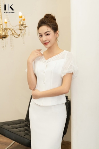 NK FASHION Áo Sơ Mi Dáng Ôm Phối Lưới Tay NKSM2306003