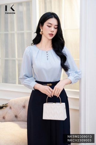 Áo Sơ Mi Cổ Tròn Xếp Cúc Ngọc, Nữ Tính NKSM2309013