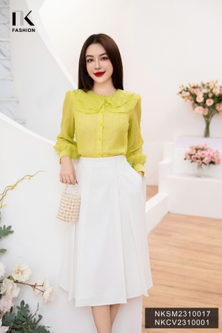 NK Fashion Áo Sơ Mi Tơ Óng Cổ Tròn Bèo Tầng, Nữ Tính NKSM2310017