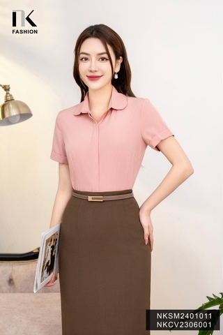 Áo Sơ Mi Cổ Sen Tròn Tay Cộc, Thanh Lịch NKSM2401011
