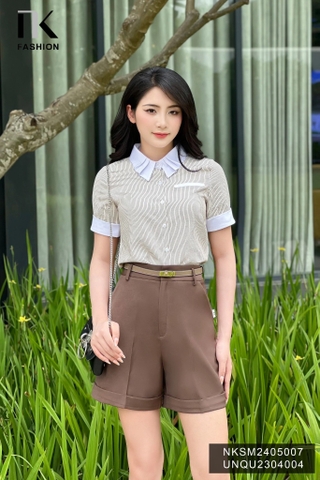 Áo Sơ Mi Kẻ Cổ Xếp NK Công Sở Nữ Thanh Lịch Vải Mềm Mịn NKSM2405007